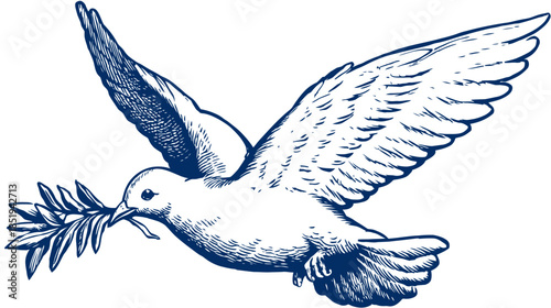 Flying dove carrying an olive branch, a powerful symbol of peace, hope, and freedom in vintage hand drawn illustration style