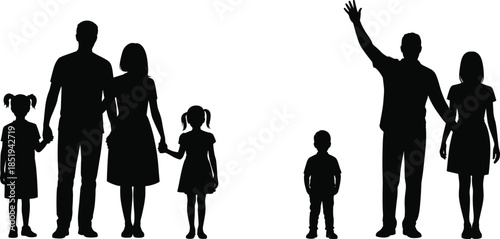 Family silhouettes walking together, parents and children holding hands, black vector illustration isolated on white background, unity love concept