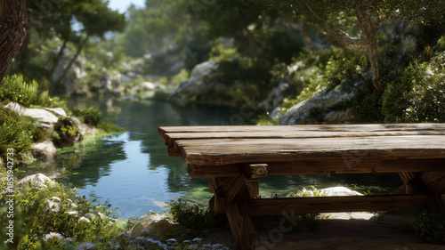 A sturdy wooden table is displayed near a river amidst a natural landscape with reflections of clear water and shady trees.