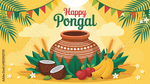 Happy Pongal harvest festival illustration with traditional clay pot, sugarcane, fruits and decorative elements celebrating south indian culture