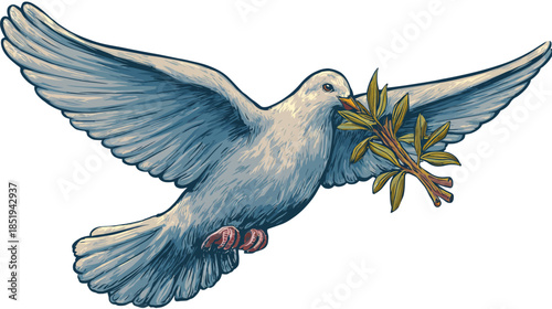 White dove flying with an olive branch in its beak, a universal symbol of peace, hope, and freedom. Hand-drawn illustration.