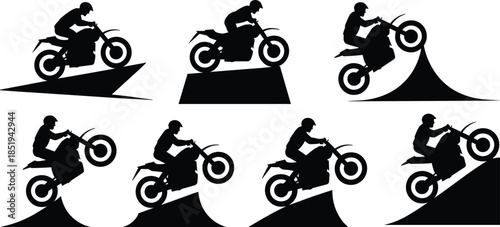 Motorcycle stunt rider silhouettes performing extreme jumps and wheelies, motocross action poses, black isolated vector illustration set