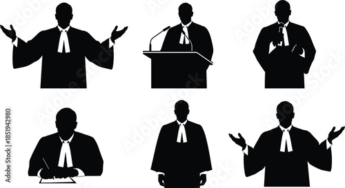 Lawyer and judge silhouettes giving speeches and legal arguments, courtroom justice concept, professional men in robes isolated illustration