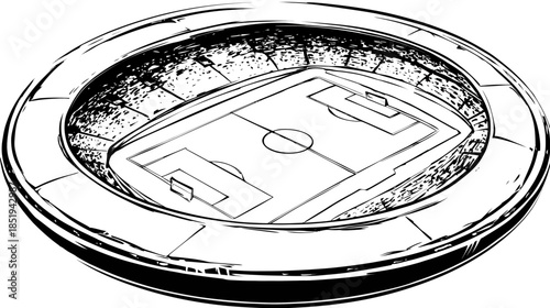 Hand-drawn sketch illustration of an aerial view of a soccer stadium and football field. Sports arena venue graphic design element.