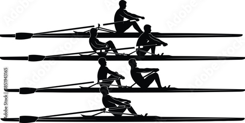 Rowing team silhouettes training on water with oars, competitive crew sport action, athletes in scull boats isolated illustration