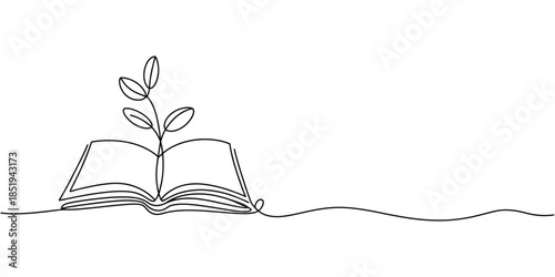 Opened book with sprout plant continuous line drawing, single line art of seedling growing from book for education study and knowledge concept vector.