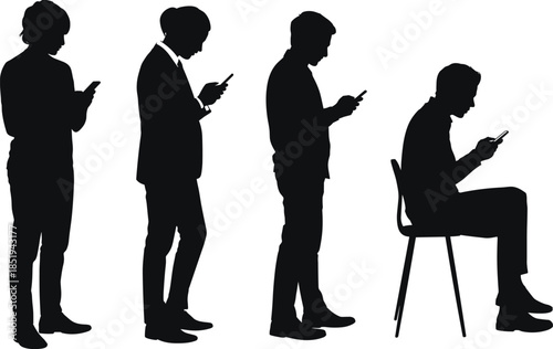 People using smartphones silhouettes standing and sitting with mobile devices, modern technology addiction concept, black figures isolated illustration