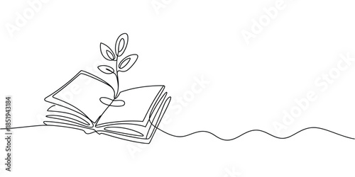Opened book with sprout plant continuous line drawing, single line art of seedling growing from book for education study and knowledge concept vector.