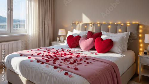 Cozy bed with heart-shaped pillows, rose petals, warm fairy lights, soft morning light, no people