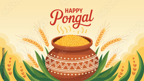 Happy Pongal festival colorful illustration with traditional clay pot rice grains wheat leaves and festive background harvest celebration design