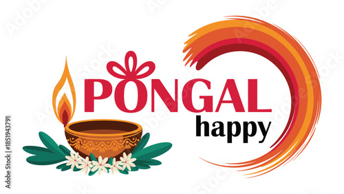 Happy Pongal festival colorful illustration with traditional oil lamp clay bowl leaves and modern circular brush stroke harvest celebration design