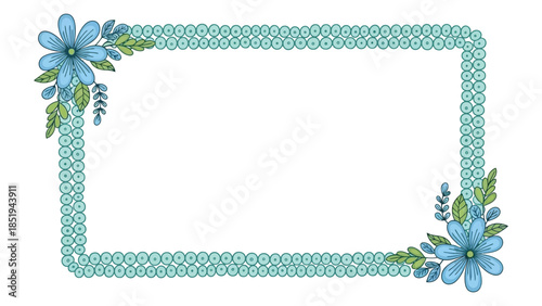 Teal floral border frame with blue flowers and green leaves