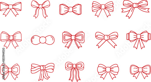 Red Ribbon Bow Icons Set: Cute Gift Bows, Decorative Ties, Festive Ribbons in Line Art Style. Christmas, Holiday, Packaging Vector EPS Illustration, Scalable & Editable.