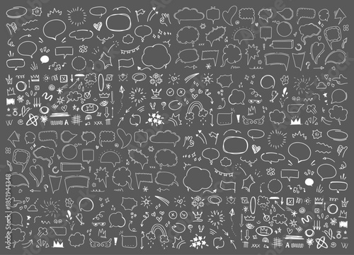 Retro Hand Drawn Mega set marker scribbles. Handwriting arrows, alphabet, check marks, emoji, speech bubbles, underline set of marker brush stroke texture. Bundle of different doodles. Collection eps.