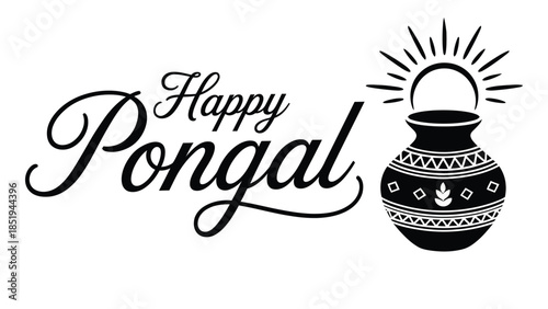 Happy Pongal festival elegant typography illustration with traditional clay pot and sun rays minimal black and white harvest celebration design