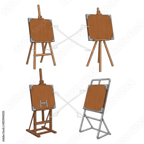 Four art easels isolated on transparent background