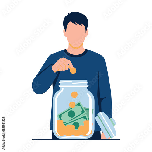 Man putting coins into a jar with money and bills inside illustration.