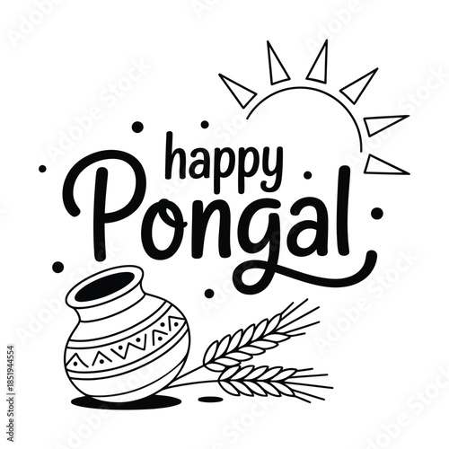Happy Pongal festival hand drawn black and white illustration with traditional clay pot rice ear sun elements harvest celebration design