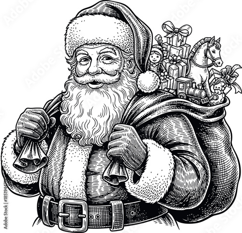 A jolly Santa Claus with a sack full of Christmas presents on his shoulder, rendered in a classic black and white woodcut illustration style