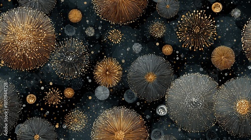 A seamless repeating pattern against a dark background in metallic gold and silver tones, featuring stylized rotating fireworks, classic clock faces, and bubbling champagne glasses.