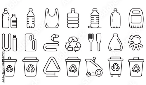 Environmental recycling bin and waste outline icons collection