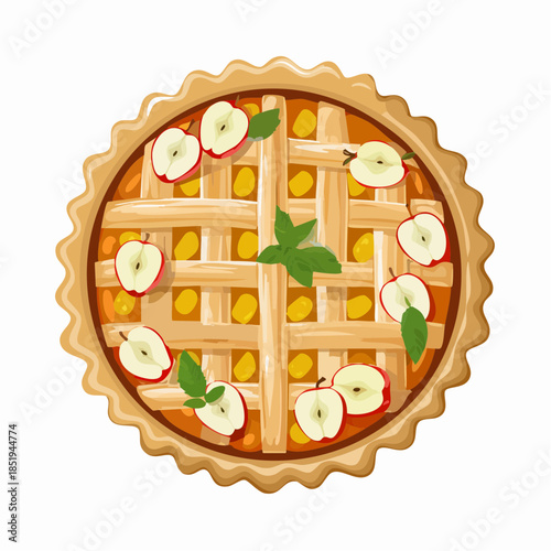 Delicious apple pie with lattice crust top view isolated on white background