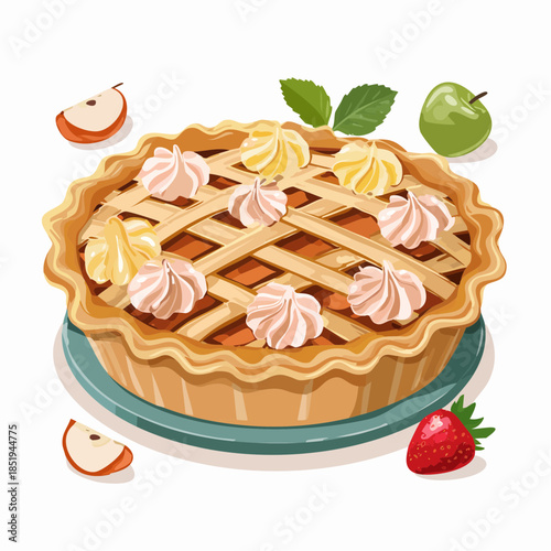 Delicious baked apple pie with lattice crust and decorative whipped cream