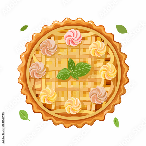 Delicious baked pie with colorful swirls and mint leaves overhead view