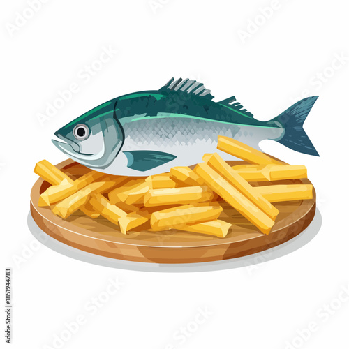 Fresh fish and golden french fries on wooden serving plate illustration