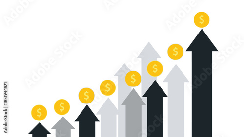 Illustration of growing financial success with arrows and dollar coins.