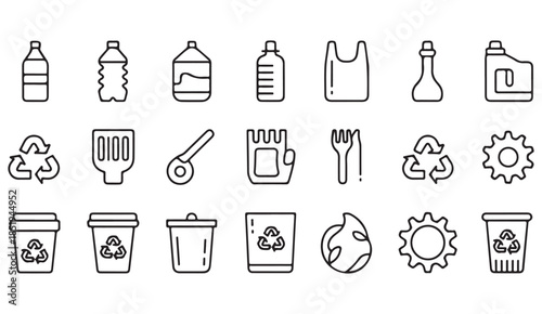 Eco recycling and trash management sketch icon collection in black line art
