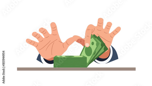 A person is pulling money from a stack on a table with both hands.