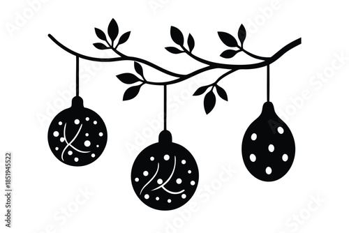 Festive Christmas baubles hanging from stylized branches, simple holiday icon vector graphic