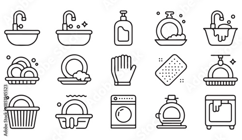 Home kitchen sink and dishwashing outline icons collection