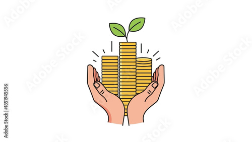 An illustration of hands cradling stacks of gold coins with a sprouting plant.