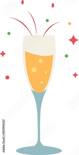 Festive champagne glass with firework reflection, sparkling party drink, elegant celebration concept, holiday light effect, luxury glassware illustration