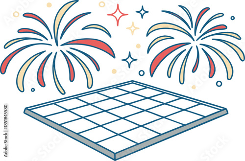 Empty dance floor with firework icon on white background, festive party vector illustration, nightlife entertainment, celebration, club event, fun, minimal design, creative isolated symbol