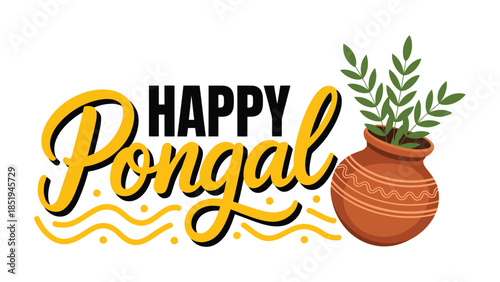 Happy Pongal festival illustration with traditional clay pot leaves decorative typography harvest celebration design isolated on white background