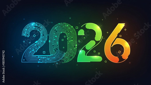 Neon lit 2026 text with circuit board design and glowing effect on dark background with squares
