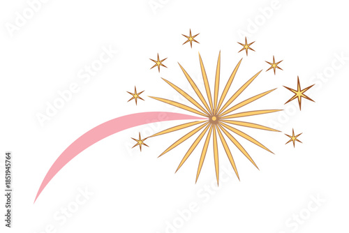 Curved sparkling firework trail on clean white background, glowing pyrotechnic streak, festive decorative light effect, abstract celebration element, party and New Year concept