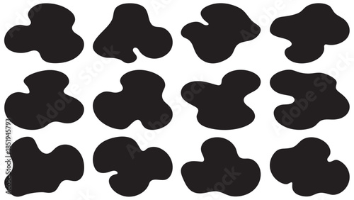 Set of 12 Modern Abstract Organic Amoeba Shapes and Fluid Black Blobs