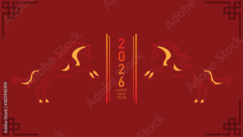 Flat Minimalist Twin Horse Lunar New Year 2026 Greeting Background in Red and Gold Colors with Symmetrical Jumping Horse Shapes Vertical Typography and Traditional Asian Frame Decoration