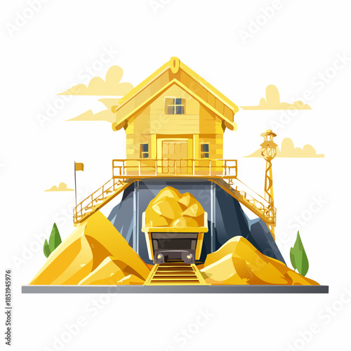Cartoon illustration of a gold mine with a house and a mining cart