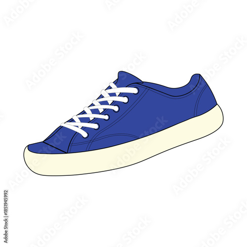 Blue casual sneaker illustration with white laces and sole. Minimalist footwear vector for fashion, lifestyle, and streetwear design projects. Isolated on white background