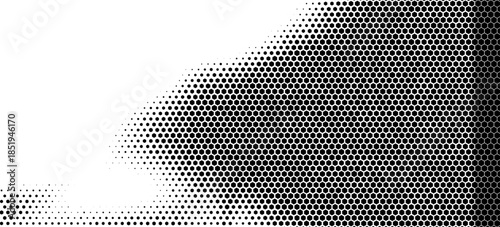 Hexagon halftone gradient texture. Abstract black grunge background. Geometric retro halftone tech overlay. Fading wavy hexagonal pattern backdrop. Vector wallpaper