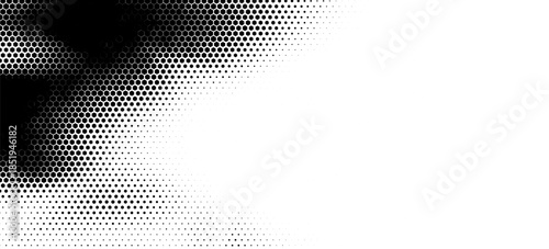 Hexagon halftone gradient texture. Abstract black grunge background. Geometric retro halftone tech overlay. Fading wavy hexagonal pattern backdrop. Vector wallpaper