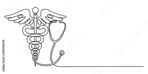 Medical symbol caduceus one line illustration, minimalist continuous line drawing of Hermes staff with stethoscope for hospital nursing and clinical healthcare service design.