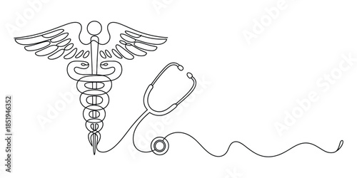 Medical symbol caduceus one line illustration, minimalist continuous line drawing of Hermes staff with stethoscope for hospital nursing and clinical healthcare service design.