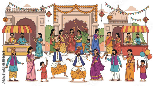 Vibrant indian street scene with people celebrating diwali festival, traditional clothing