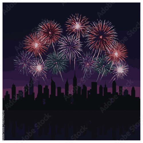 Colorful fireworks over city skyline celebration and festive event